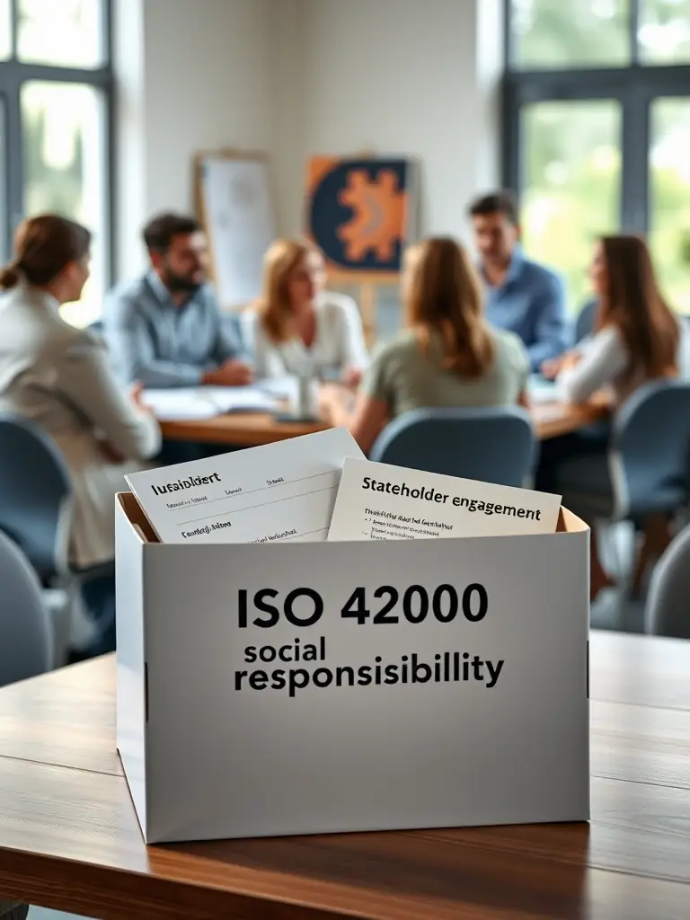 An image of the ISO 42000 Social Responsibility Box, emphasizing the stakeholder engagement templates and sustainability checklists, set in a context of community and ethical practices.