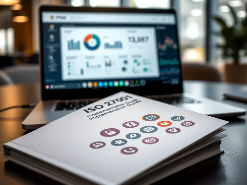 A detailed close-up shot of the 'ISO 27001 Implementation Guide' booklet, showcasing its cover with a focus on security icons and a modern design, placed on a desk with a laptop displaying a cybersecurity dashboard.