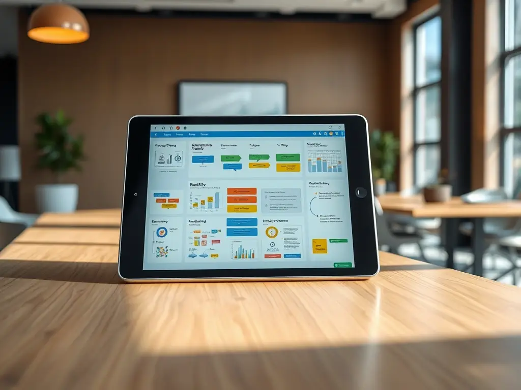 A neatly arranged display of 'ISO 9001 Process Templates' on a digital tablet, showing various process flowcharts and quality management documents, set against a backdrop of a modern office environment.