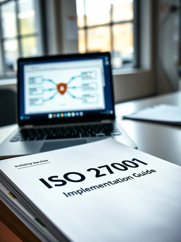 A close-up shot of the ISO 27001 Implementation Guide, highlighting its cover and the key topics covered within, placed on a desk with a laptop showing a secure network diagram.