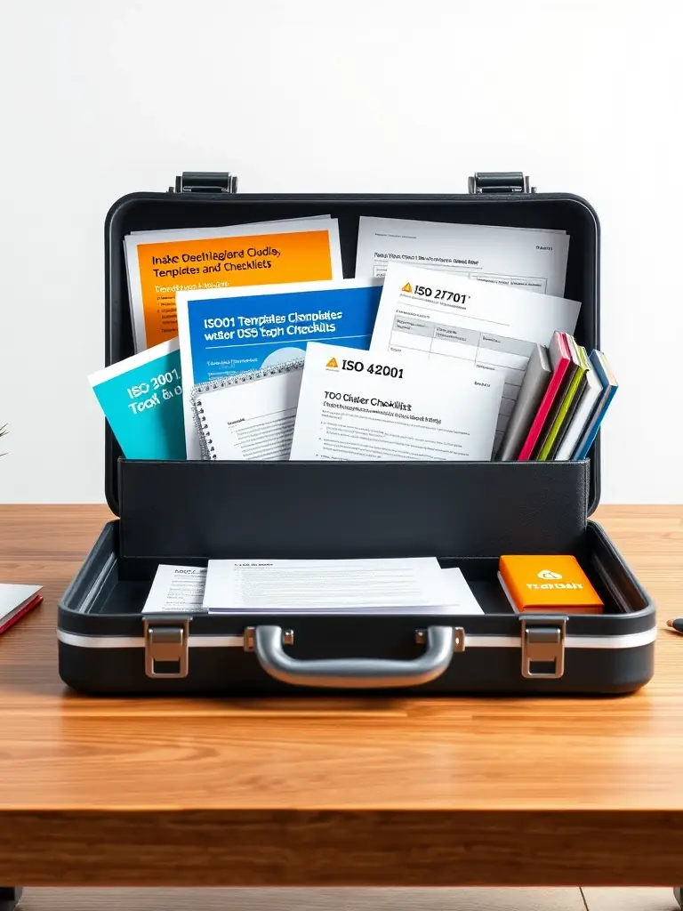The Integrated ISO Standards Toolkit, open to reveal various guides, templates, and checklists for ISO 9001, ISO 27001, and ISO 42000, arranged neatly.