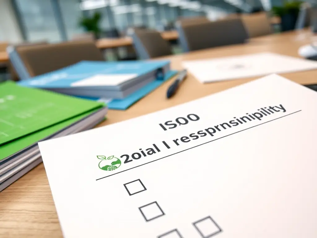A professional visual of the 'ISO 42000 Social Responsibility Checklist', highlighting its checkboxes and icons representing community, environment, and ethics, placed on a desk with sustainability reports and ethical guidelines.