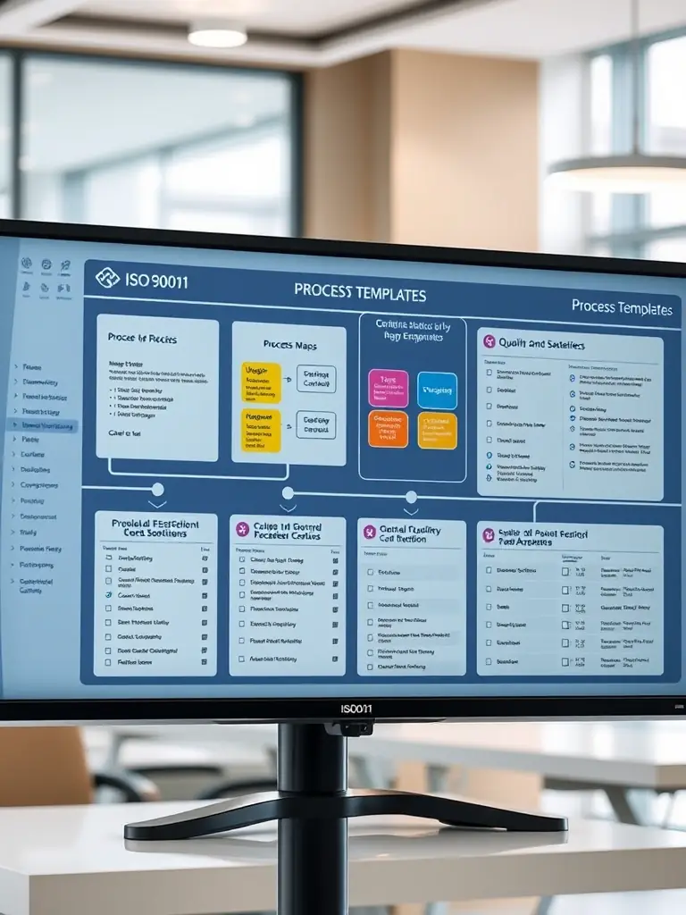 A digital display showcasing ISO 9001 Process Templates, with examples of process maps and quality assurance checklists visible on the screen.