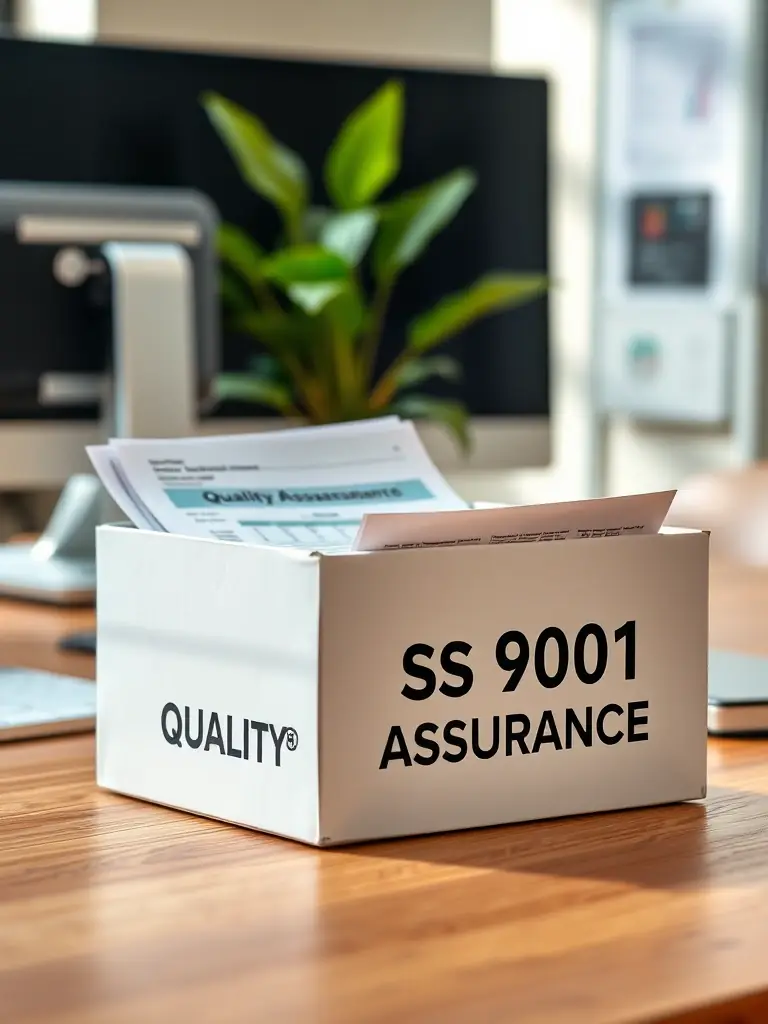 A close-up shot of the ISO 9001 Quality Assurance Box, highlighting the quality management templates and process flowcharts included, set against a backdrop of a well-organized office.
