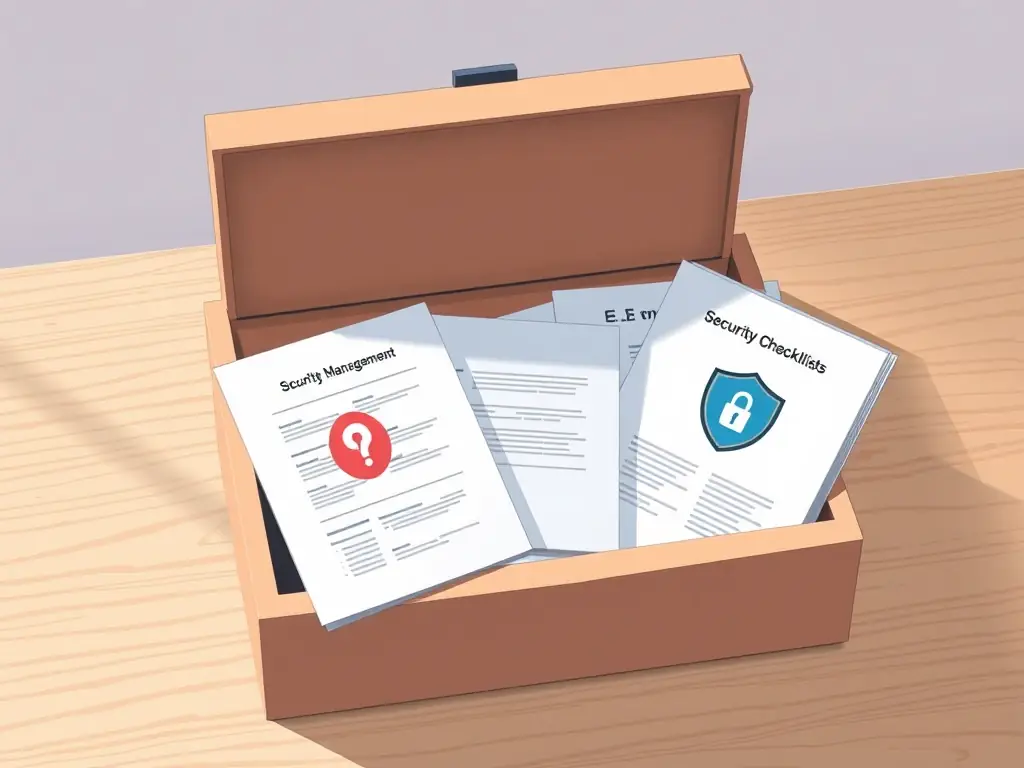 A detailed shot of the ISO 27001 Security Management Box contents, showcasing the printed guides, security checklists, templates, and a security-themed icon, emphasizing the box's focus on information security.