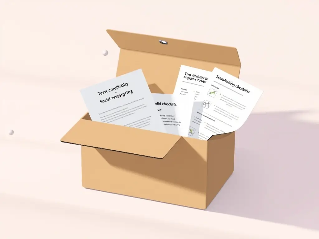A detailed shot of the ISO 42000 Social Responsibility Box contents, showcasing the printed social responsibility guides, stakeholder engagement templates, and sustainability checklists, emphasizing the box's focus on social responsibility.