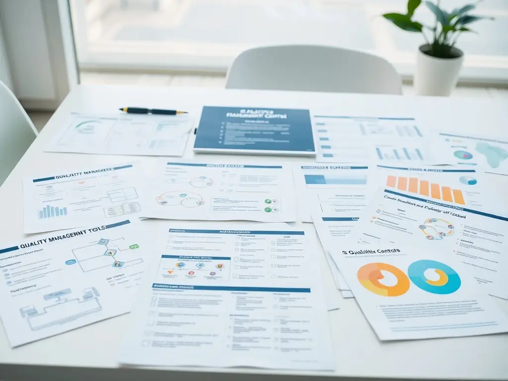 A detailed shot of the ISO 9001 Quality Assurance Box contents, showcasing the printed quality management templates, process flowcharts, and checklists, emphasizing the box's focus on quality and process improvement.