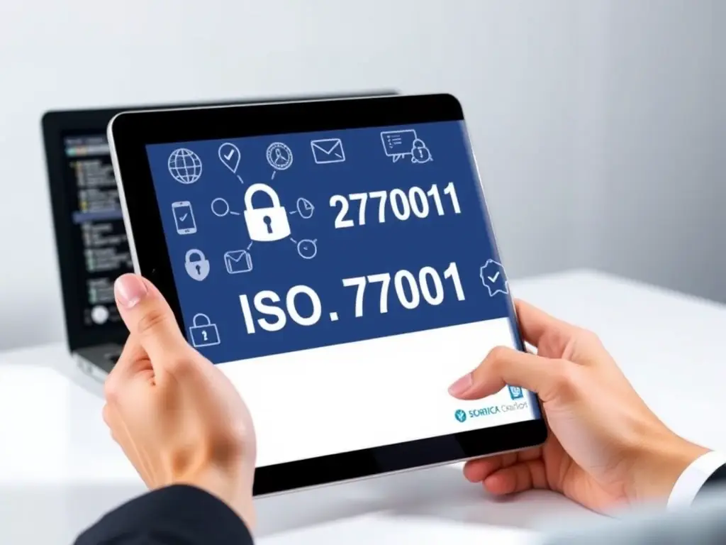 A professional digital guidebook displayed on a tablet, featuring ISO 27001 branding, with visual elements of security, checklists, and certification badges, set against a clean, modern background, emphasizing certification preparation.