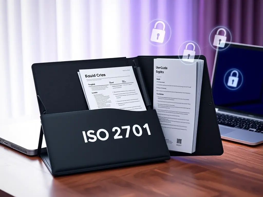 A digital product package featuring a sleek folder with ISO 27001 branding, containing printed templates, checklists, and a user guide, all arranged neatly on a modern desk with a laptop and security icons, emphasizing information security management.