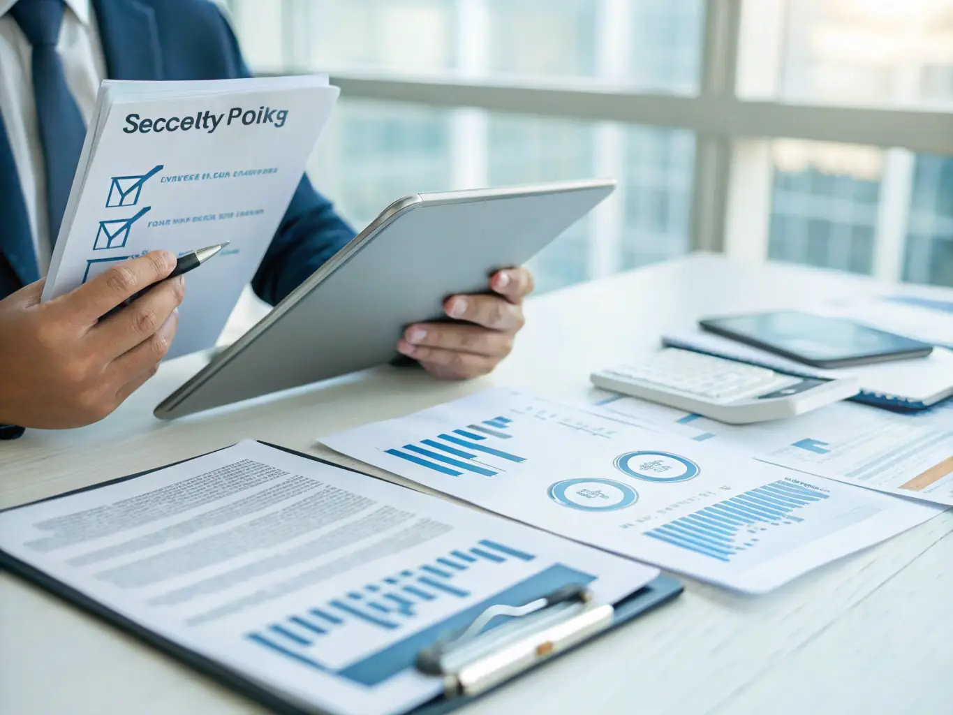 A digital product featuring a professional binder with ISO 42000 branding, containing privacy policies, checklists, and compliance forms, displayed on a modern workspace with a laptop and secure data icons, emphasizing data privacy management.